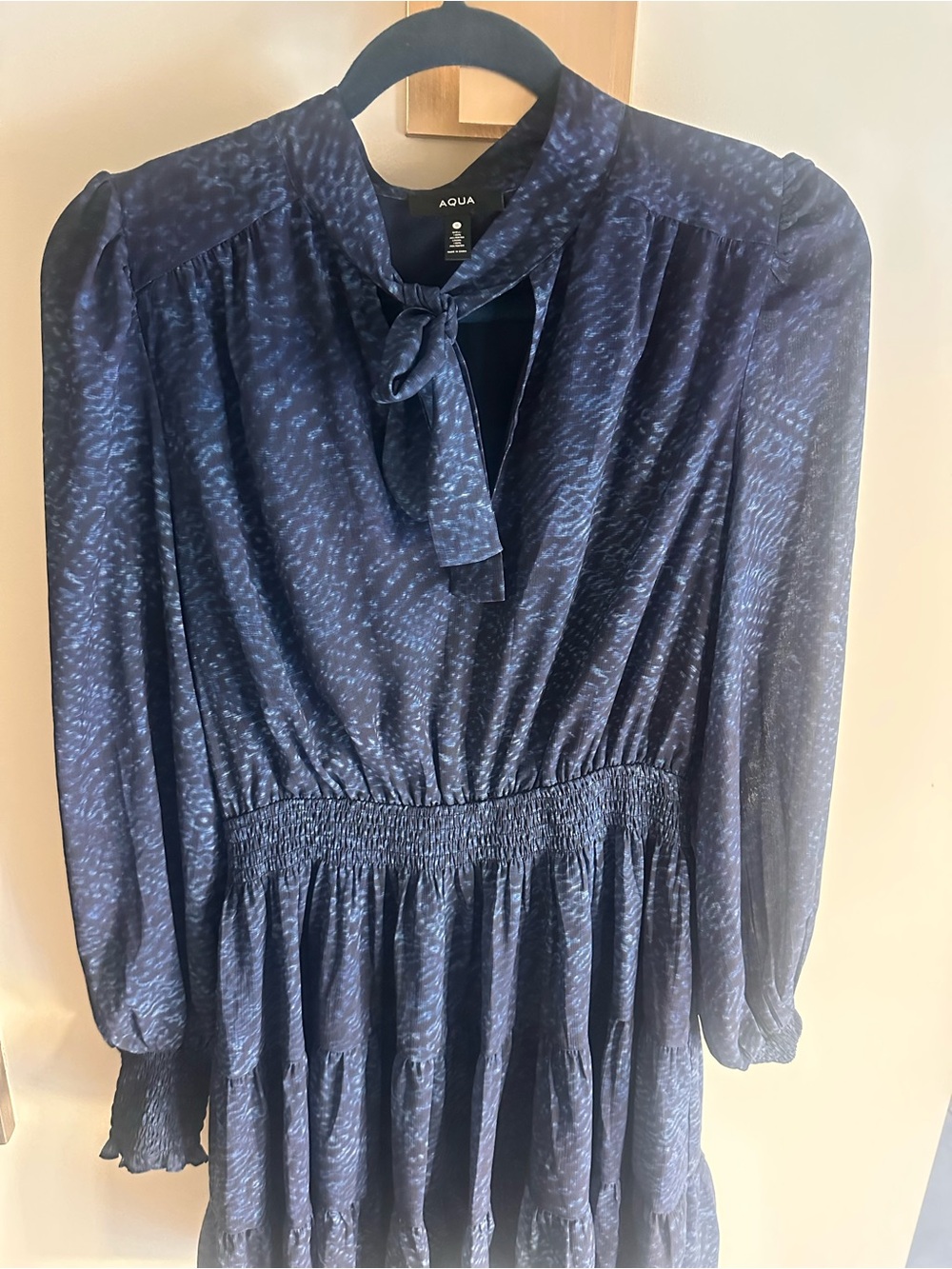 Aqua Navy Printed Tie-Neck Long Sleeve Dress